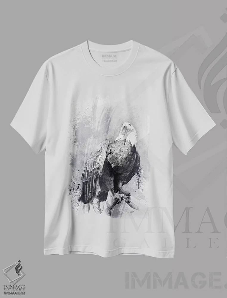 تیشرت سفید طرح دار نقاشی عقاب سرسفید، هنر فاخر معاصر اثر استیو گود | immage.ir