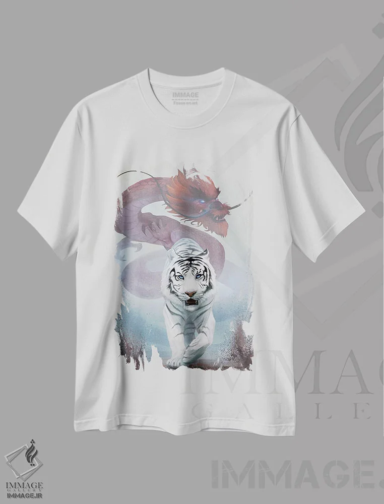 تیشرت سفید طرح دار ببر و اژدها، هنر فاخر معاصر اثر استیو گود | فروشگاه ایماژ