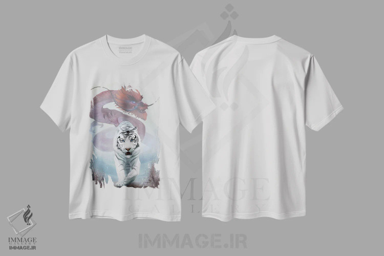 تیشرت سفید طرح دار ببر و اژدها، هنر فاخر معاصر اثر استیو گود | فروشگاه ایماژ