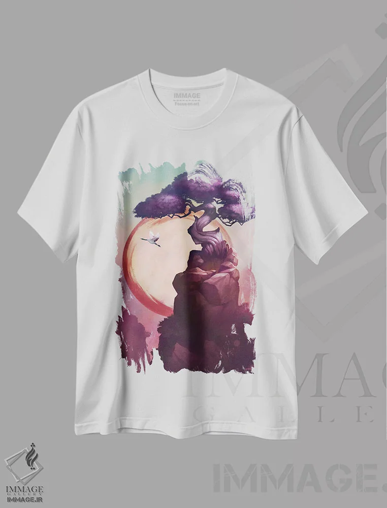 تیشرت سفید طرح دار درخت بونسای، هنر فاخر معاصر اثر استیو گود | فروشگاه ایماژ