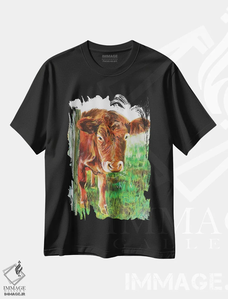 تیشرت مشکی طرح دار گاو قهوه ای، دکور روستایی اثر گوردون بروس | فروشگاه ایماژ