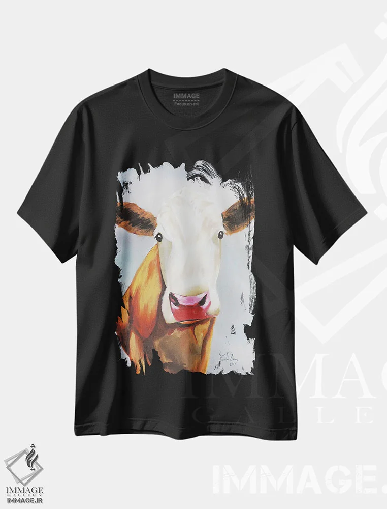 تیشرت مشکی طرح دار پرترهٔ گاو، دکور روستایی اثر گوردون بروس | immage.ir