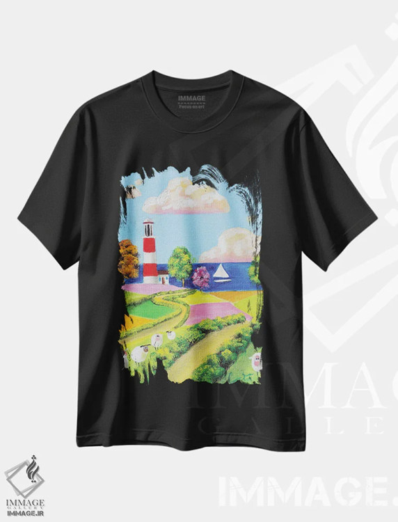 تیشرت مشکی طرح دار گوسفندان و یک فانوس دریایی، تزئینی اثر گوردون بروس | فروشگاه ایماژ