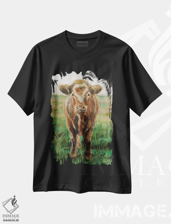 تیشرت مشکی طرح دار پرترهٔ یک گاو، دکور روستایی اثر گوردون بروس | immage.ir