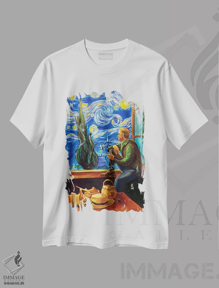 تیشرت سفید طرح دار ون گوگ کنار پنجره اش، تزئینی اثر گوردون بروس | فروشگاه ایماژ