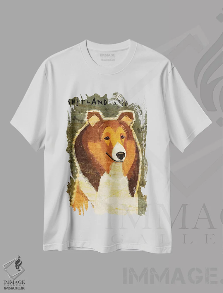 تیشرت سفید طرح دار سگ سگ گلهٔ شتلند، هنر دیجیتال اثر جان گلدن | فروشگاه ایماژ