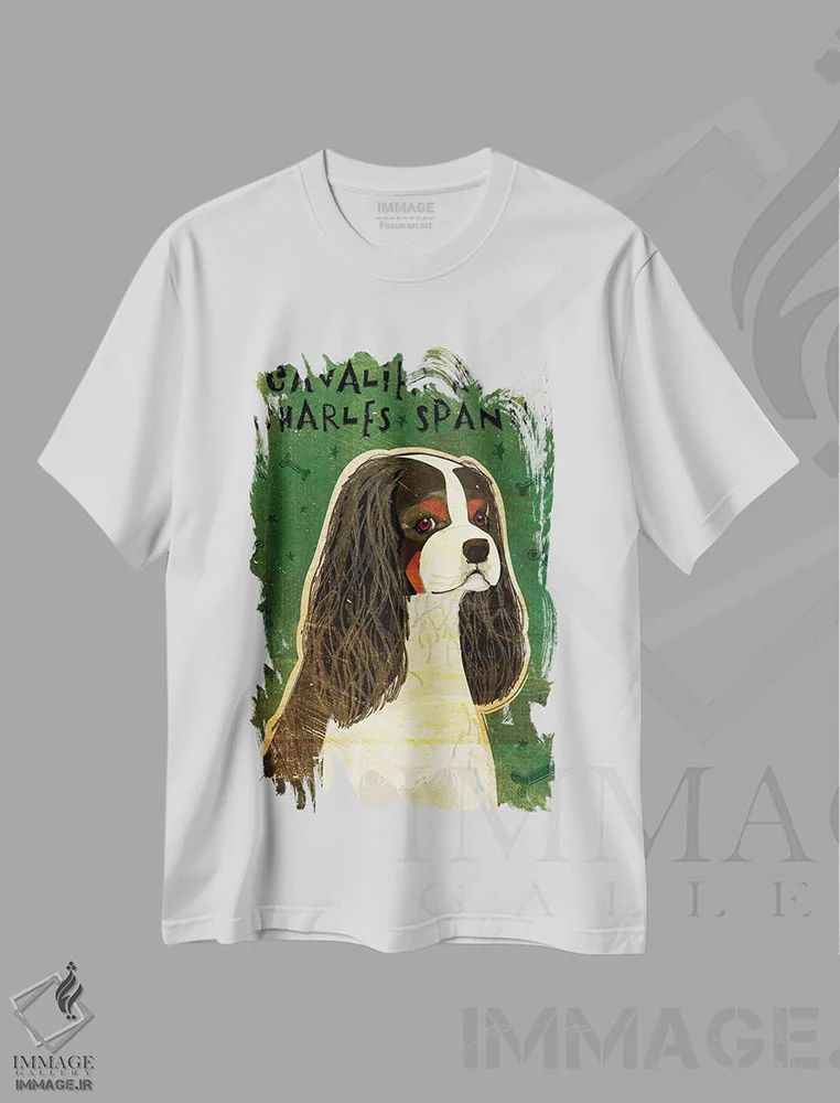 تیشرت سفید طرح دار کاوالیر کینگ چارلز، هنر دیجیتال اثر جان گلدن | فروشگاه ایماژ