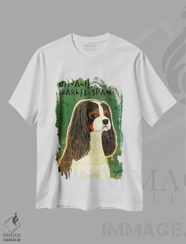 تیشرت سفید طرح دار کاوالیر کینگ چارلز، هنر دیجیتال اثر جان گلدن | فروشگاه ایماژ