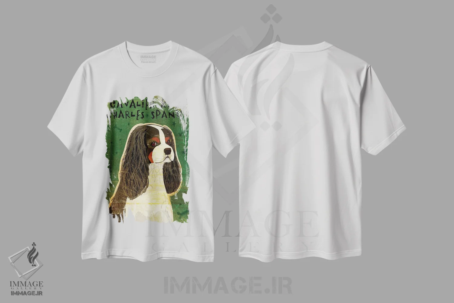 تیشرت سفید طرح دار کاوالیر کینگ چارلز، هنر دیجیتال اثر جان گلدن | فروشگاه ایماژ