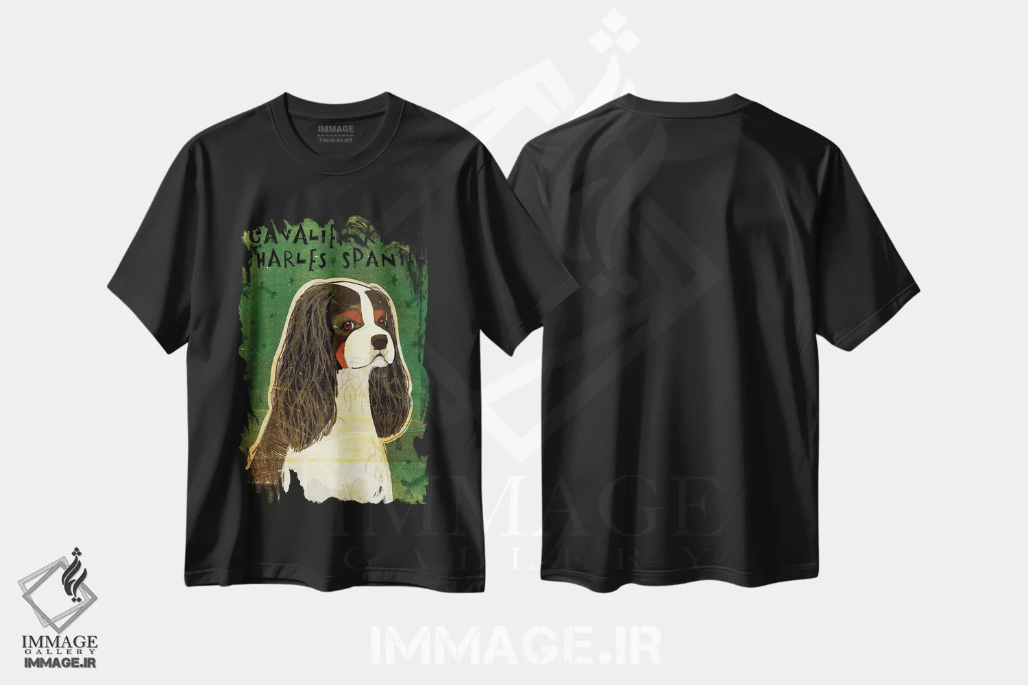 تیشرت مشکی طرح دار کاوالیر کینگ چارلز، هنر دیجیتال اثر جان گلدن | immage.ir