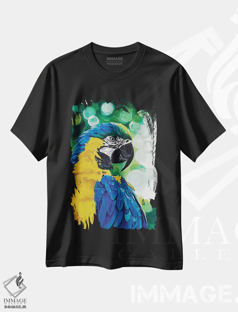 تیشرت مشکی طرح دار طوطی درخشان، تزئینی اثر چلسیا گودریچ | فروشگاه ایماژ