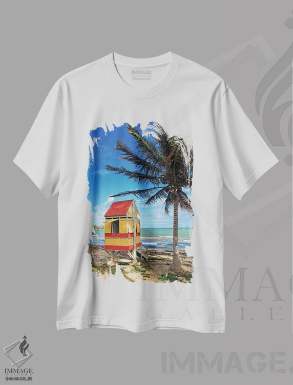 تیشرت سفید طرح دار کلبه نجات غریق در ساحل، آرویو، پورتوریکو، مدیوم اثر جورج اوزه | فروشگاه ایماژ