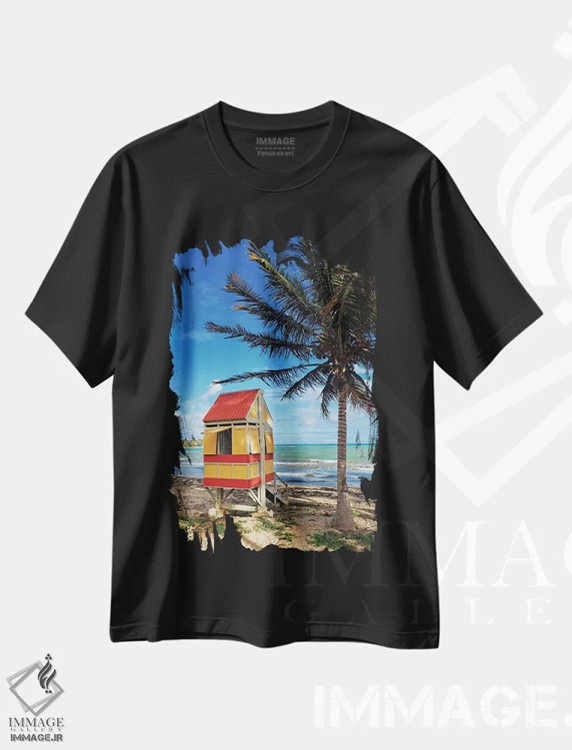 تیشرت مشکی طرح دار کلبه نجات غریق در ساحل، آرویو، پورتوریکو، مدیوم اثر جورج اوزه | immage.ir