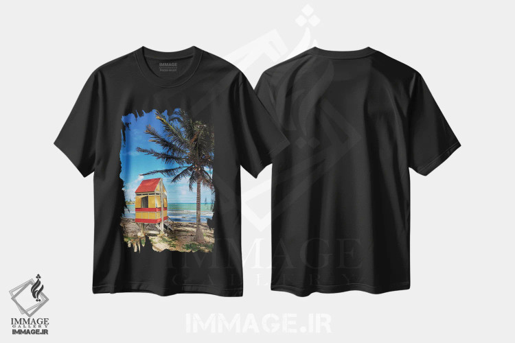 تیشرت مشکی طرح دار کلبه نجات غریق در ساحل، آرویو، پورتوریکو، مدیوم اثر جورج اوزه | immage.ir