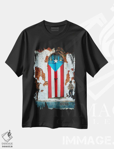 تیشرت مشکی طرح دار درب با پرچم پورتوریکو، تزئینی اثر جورج اوزه | فروشگاه ایماژ