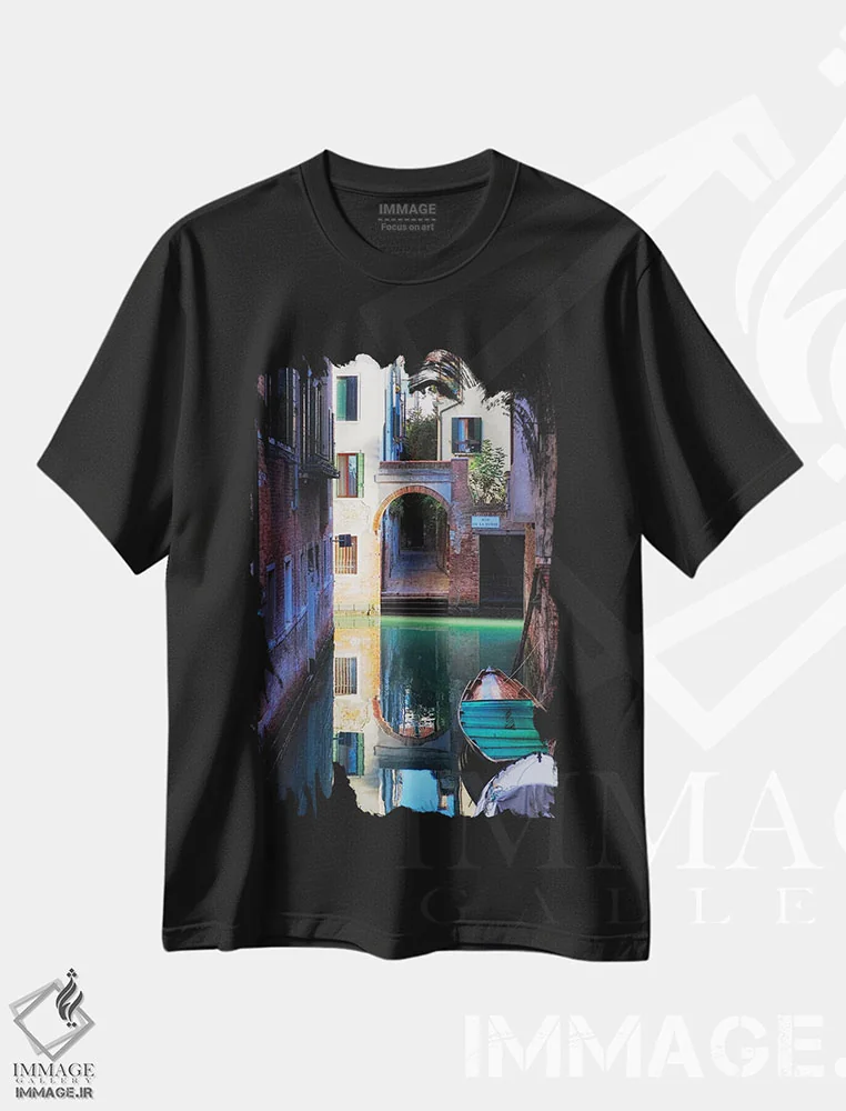 تیشرت مشکی طرح دار انعکاس در کانال، ونیز، ایتالیا، مدیوم اثر جورج اوزه | immage.ir