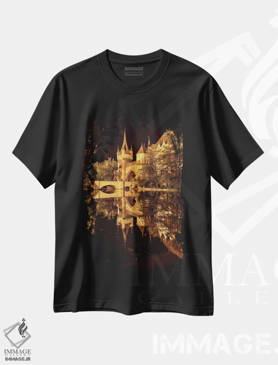 تیشرت مشکی طرح دار انعکاس قلعه ای در دریاچه در شب، بوداپست، مجارستان، مدیوم اثر جورج اوزه | فروشگاه ایماژ