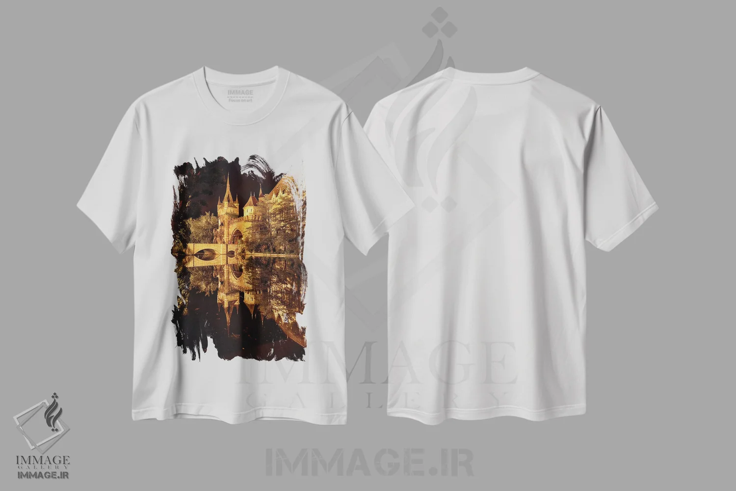 تیشرت سفید طرح دار انعکاس قلعه ای در دریاچه در شب، بوداپست، مجارستان، مدیوم اثر جورج اوزه | immage.ir