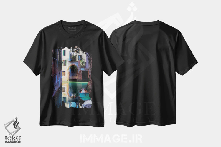 تیشرت مشکی طرح دار انعکاس در کانال، ونیز، ایتالیا، مدیوم اثر جورج اوزه | immage.ir