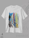 تیشرت سفید طرح دار ردیفی از تخته موج های رنگارنگ، ساحل وایکیکی، مدیوم اثر جورج اوزه | فروشگاه ایماژ