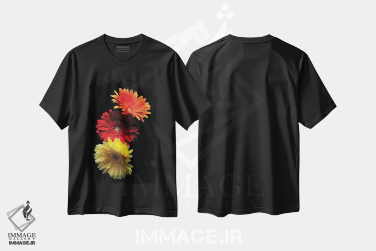 تیشرت مشکی طرح دار سه گل مروارید روشن در پس زمینهٔ سیاه، مدیوم اثر جورج اوزه | immage.ir