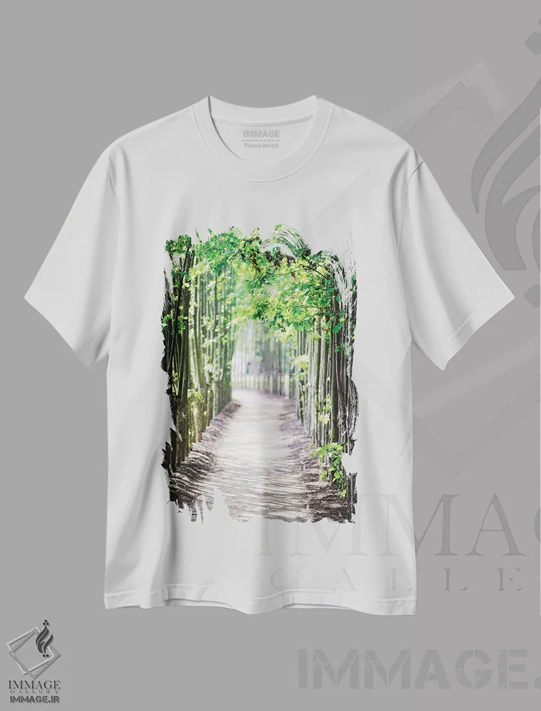 تیشرت سفید طرح دار مسیر پیاده روی در جنگل، نیوجرسی، مدیوم اثر جورج اوزه | فروشگاه ایماژ