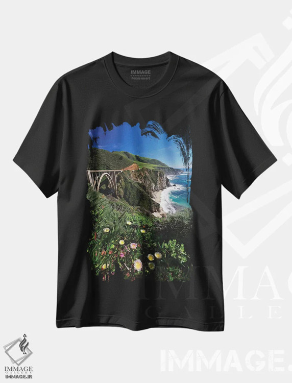 تیشرت مشکی طرح دار شکوفه های وحشی کنار پل بیگس بی، ساحل بیگ سور، کالیفرنیا، مدیوم اثر جورج اوزه | فروشگاه ایماژ