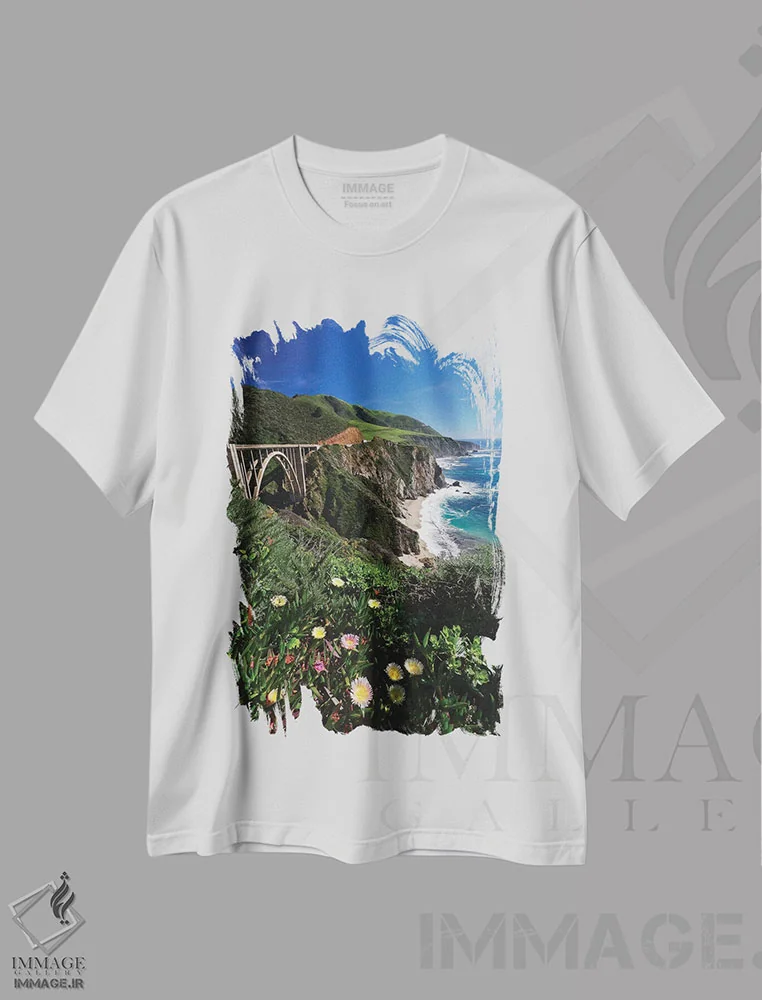 تیشرت سفید طرح دار شکوفه های وحشی کنار پل بیگس بی، ساحل بیگ سور، کالیفرنیا، مدیوم اثر جورج اوزه | immage.ir