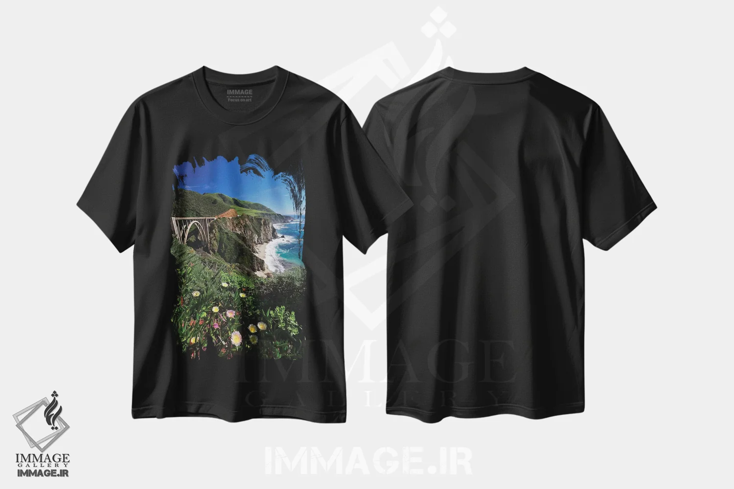 تیشرت مشکی طرح دار شکوفه های وحشی کنار پل بیگس بی، ساحل بیگ سور، کالیفرنیا، مدیوم اثر جورج اوزه | فروشگاه ایماژ