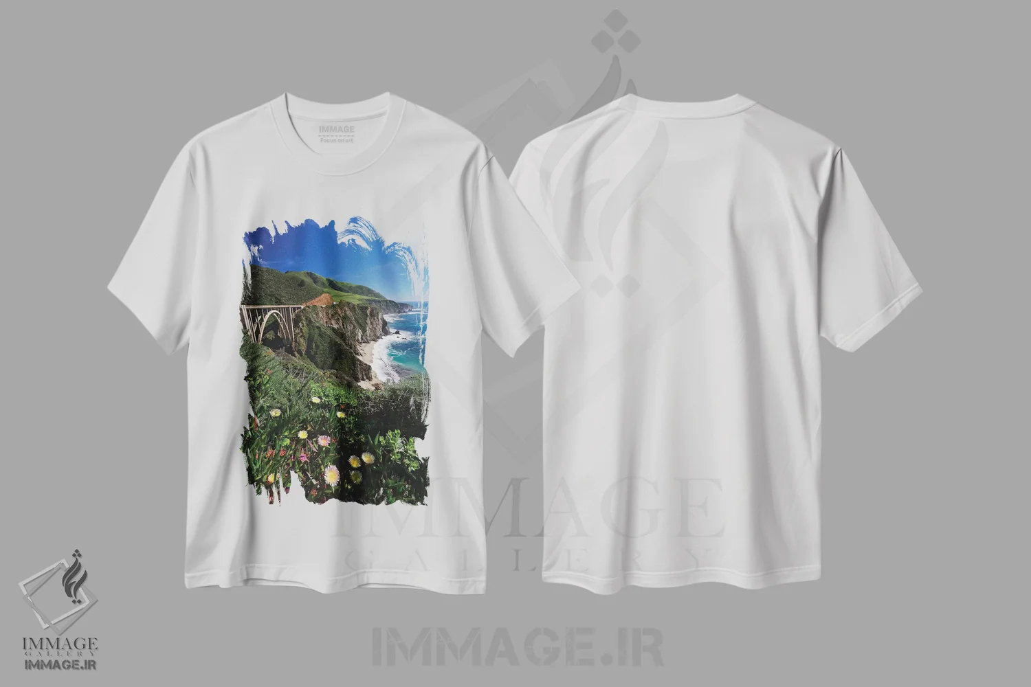 تیشرت سفید طرح دار شکوفه های وحشی کنار پل بیگس بی، ساحل بیگ سور، کالیفرنیا، مدیوم اثر جورج اوزه | immage.ir