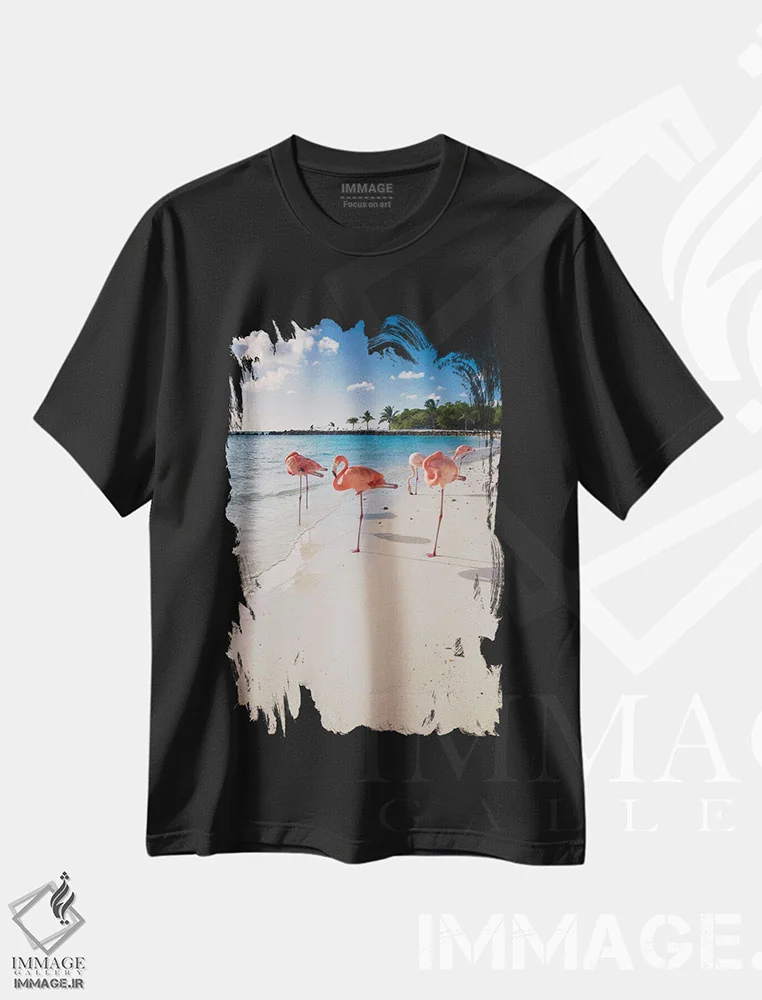تیشرت مشکی طرح دار ساحل کارائیب با فلامینگوهای صورتی، آروبا، مدیوم اثر جورج اوزه | immage.ir