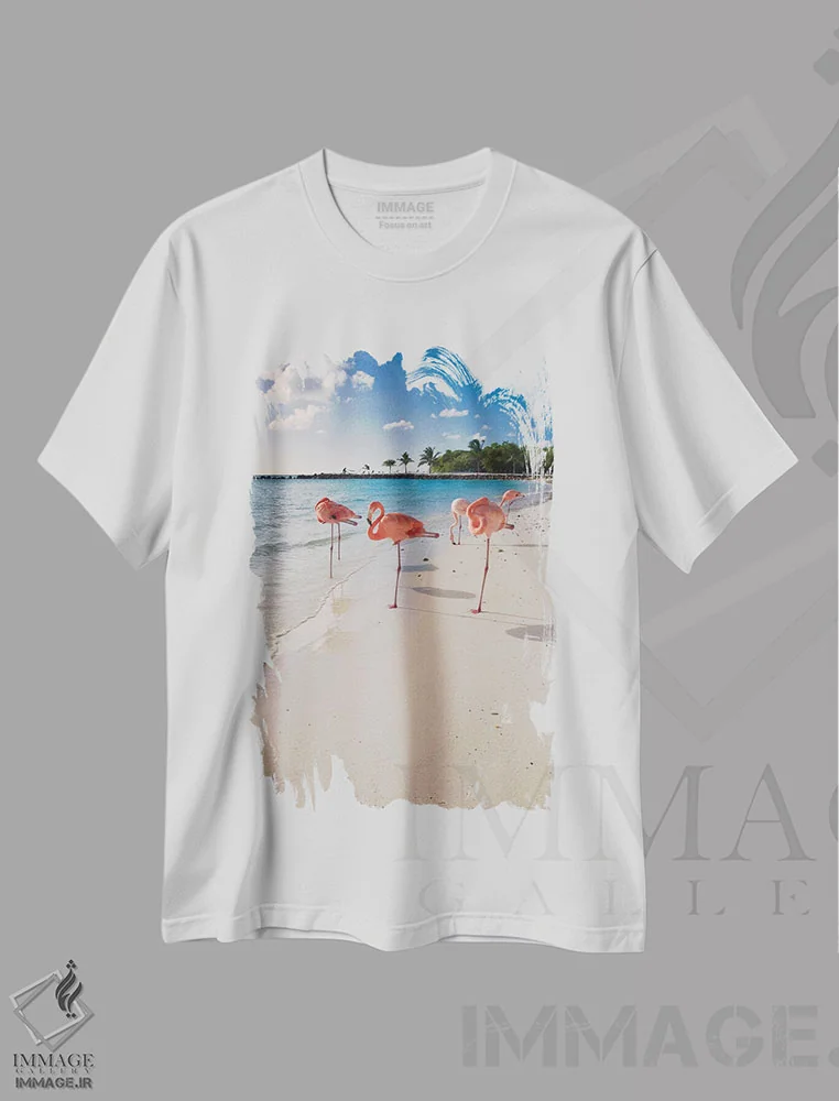 تیشرت سفید طرح دار ساحل کارائیب با فلامینگوهای صورتی، آروبا، مدیوم اثر جورج اوزه | فروشگاه ایماژ
