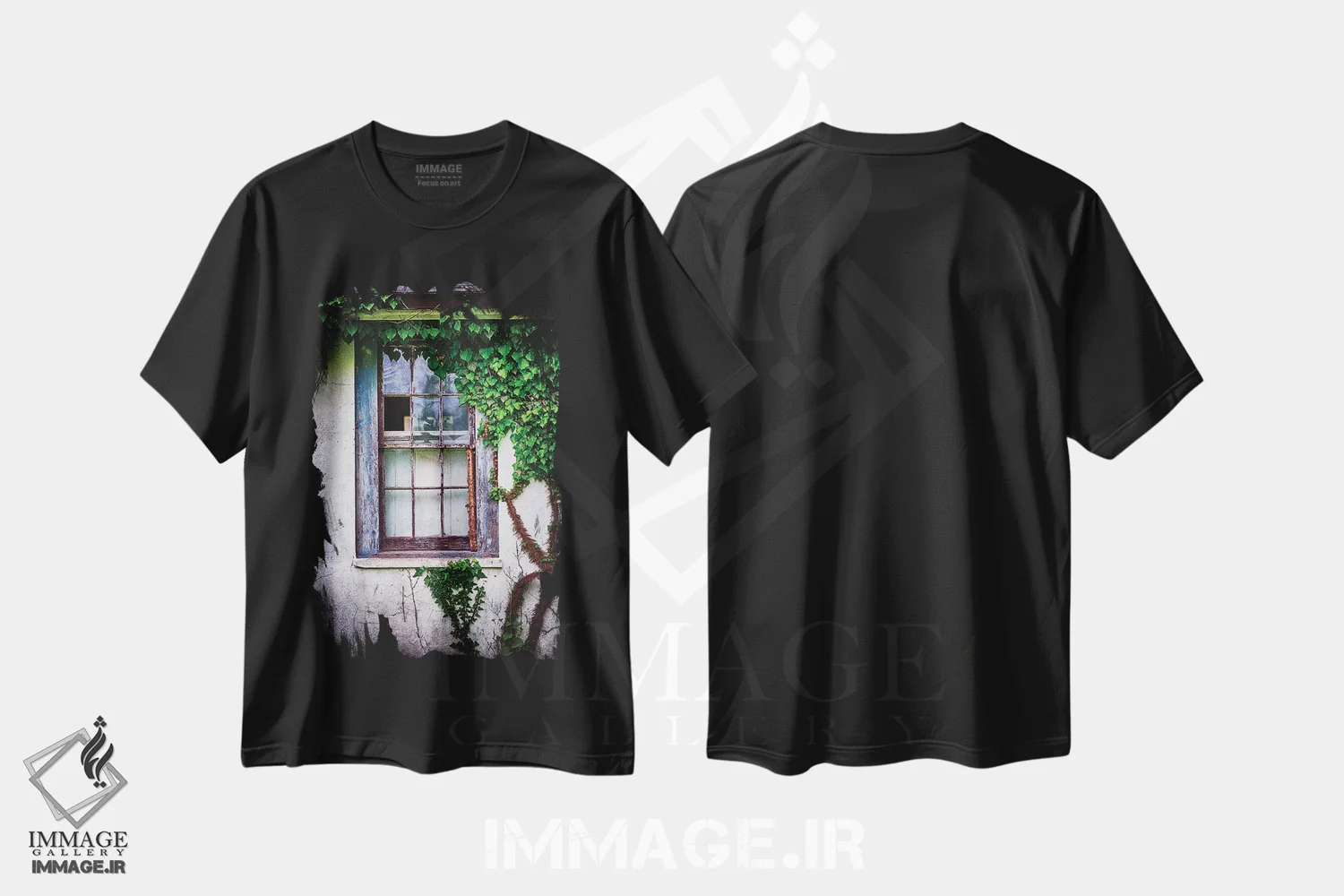 تیشرت مشکی طرح دار پنجره قدیمی رنگ باخته پوشیده از پیچک، مدیوم اثر جورج اوزه | فروشگاه ایماژ