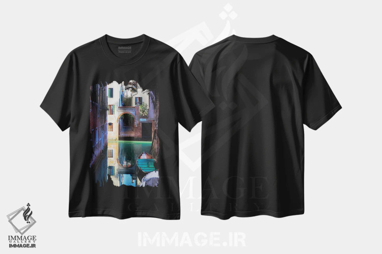 تیشرت مشکی طرح دار انعکاس در کانال، ونیز، ایتالیا، مدیوم اثر جورج اوزه | فروشگاه ایماژ