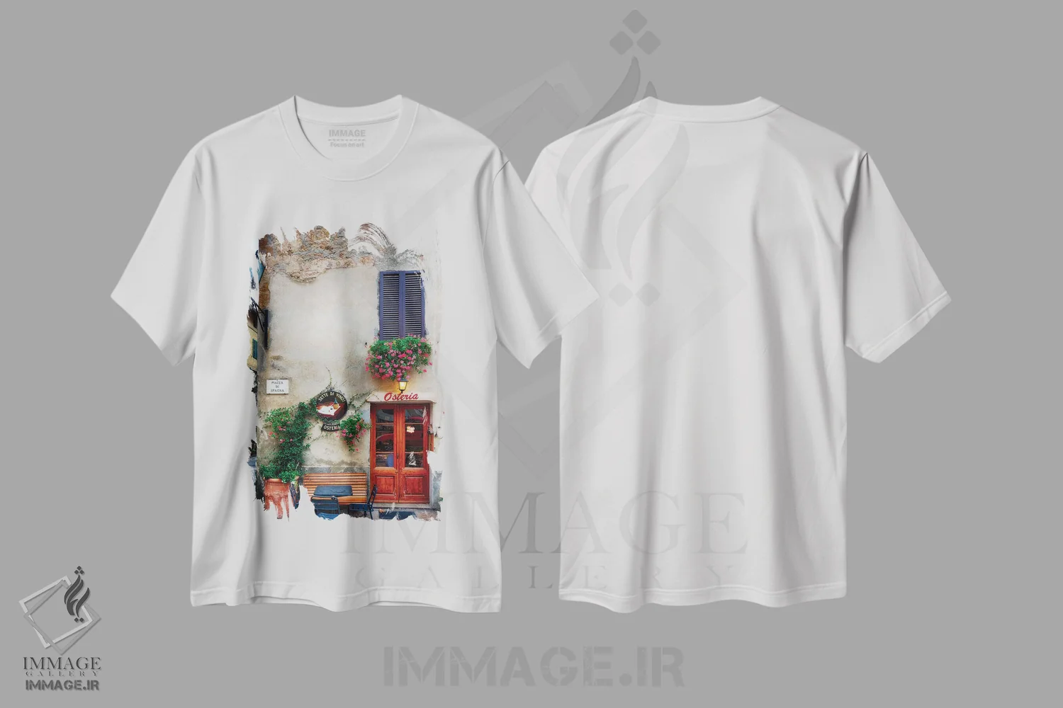 تیشرت سفید طرح دار ساختمان رستوران دنج در پینتسا، توسکانی، ایتالیا، مدیوم اثر جورج اوزه | فروشگاه ایماژ