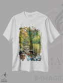 تیشرت سفید طرح دار منظره پاییز با جویبار، الدویک، نیوجرسی، مدیوم اثر جورج اوزه | immage.ir