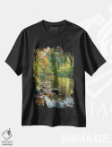 تیشرت مشکی طرح دار منظره پاییز با جویبار، الدویک، نیوجرسی، مدیوم اثر جورج اوزه | فروشگاه ایماژ