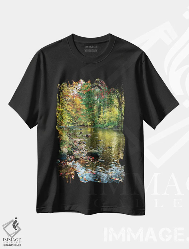 تیشرت مشکی طرح دار منظره پاییز با جویبار، الدویک، نیوجرسی، مدیوم اثر جورج اوزه | فروشگاه ایماژ