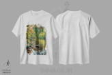 تیشرت سفید طرح دار منظره پاییز با جویبار، الدویک، نیوجرسی، مدیوم اثر جورج اوزه | immage.ir