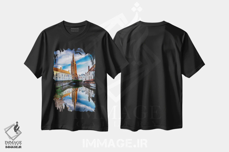 تیشرت مشکی طرح دار صحنه آرام در بروژ، مدیوم اثر جورج اوزه | فروشگاه ایماژ