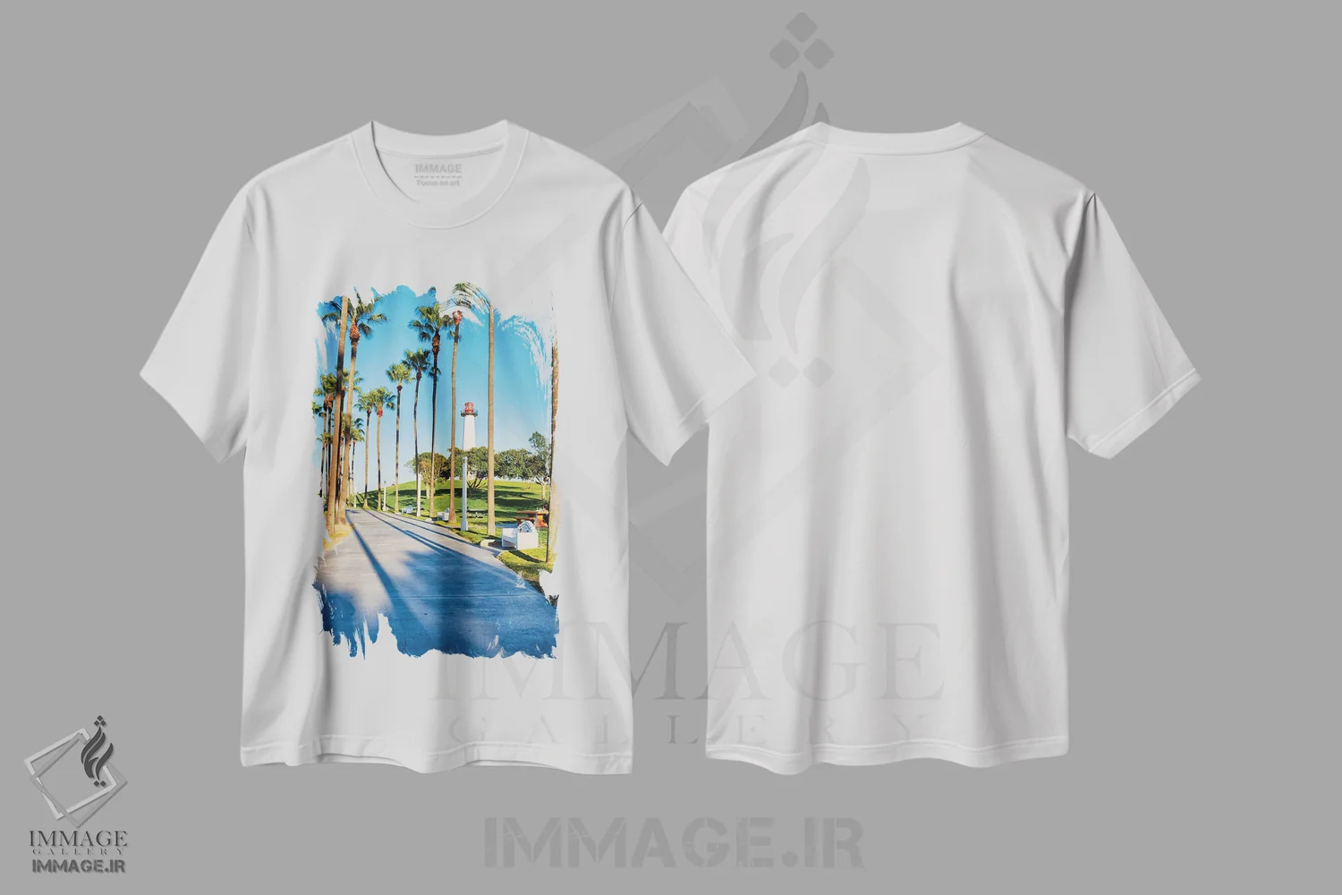 تیشرت سفید طرح دار فانوس دریایی شیر در لانگ بیچ، کالیفرنیا، مدیوم اثر جورج اوزه | فروشگاه ایماژ