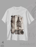 تیشرت سفید طرح دار نمای برج ساعت، کلیسای سنت پیتر، زوریخ، سوییس، مدیوم اثر جورج اوزه | فروشگاه ایماژ