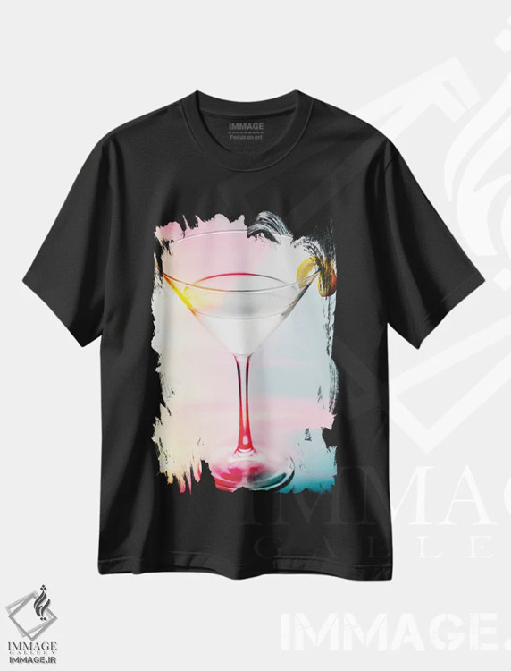 تیشرت مشکی طرح دار لیوان مارتینی با پیچ و رنگ های ملایم، مدیوم اثر جورج اوزه | فروشگاه ایماژ