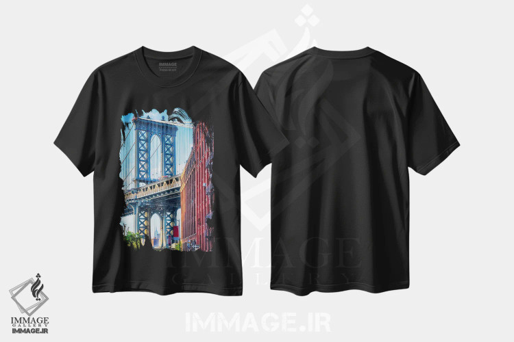 تیشرت مشکی طرح دار نمای خیابانی از برج بروکلین پل منهتن، نیویورک، مدیوم اثر جورج اوزه | فروشگاه ایماژ