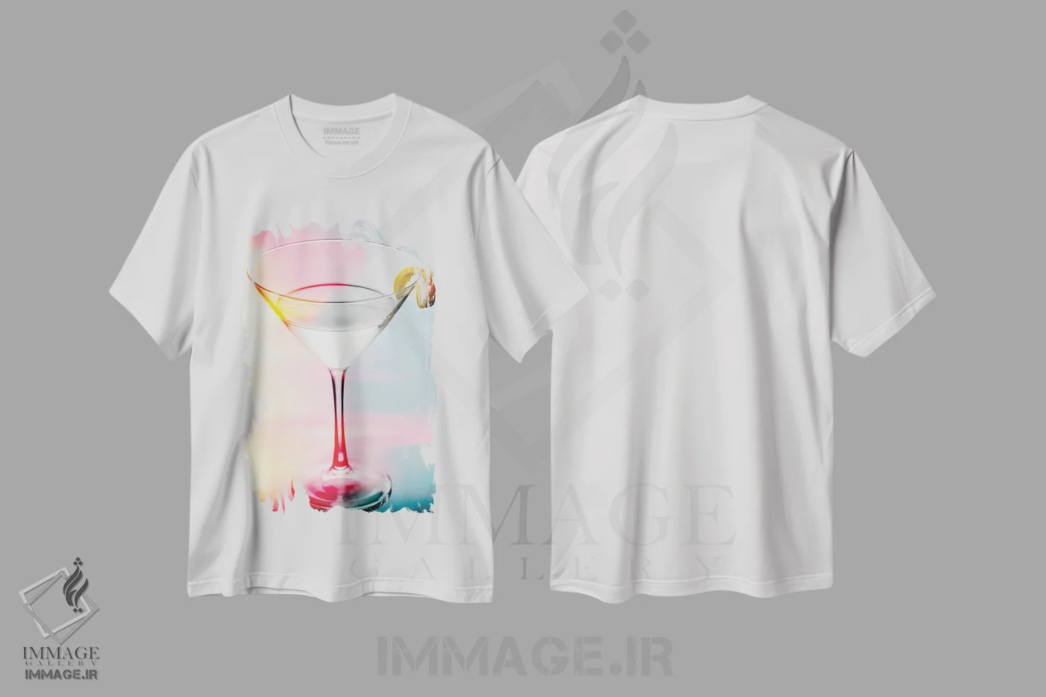 تیشرت سفید طرح دار لیوان مارتینی با پیچ و رنگ های ملایم، مدیوم اثر جورج اوزه | immage.ir