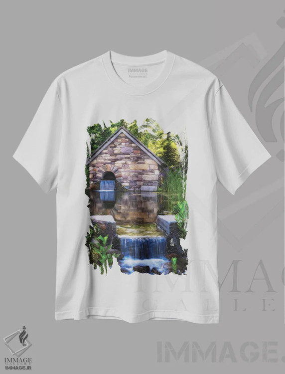 تیشرت سفید طرح دار خانه شیر مزرعه قدیمی با برکه، نیو هوپ، پنسیلوانیا، مدیوم اثر جورج اوزه | فروشگاه ایماژ