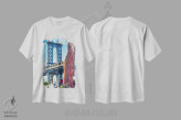 تیشرت سفید طرح دار نمای خیابانی از برج بروکلین پل منهتن، نیویورک، مدیوم اثر جورج اوزه | immage.ir