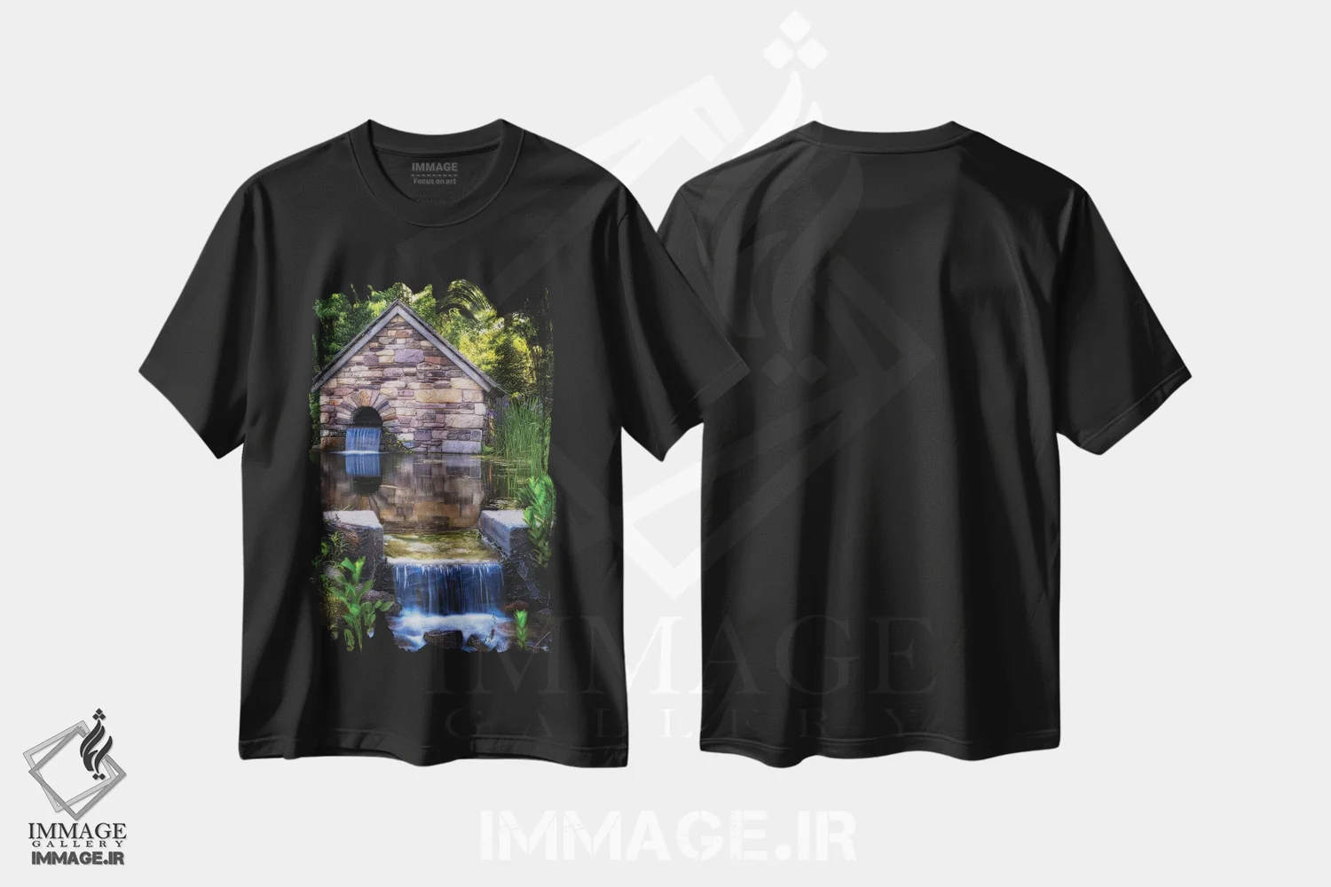 تیشرت مشکی طرح دار خانه شیر مزرعه قدیمی با برکه، نیو هوپ، پنسیلوانیا، مدیوم اثر جورج اوزه | immage.ir