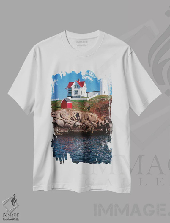 تیشرت سفید طرح دار نمای عمودی فانوس دریایی کیپ ندیک، یورک، مین، مدیوم اثر جورج اوزه | فروشگاه ایماژ