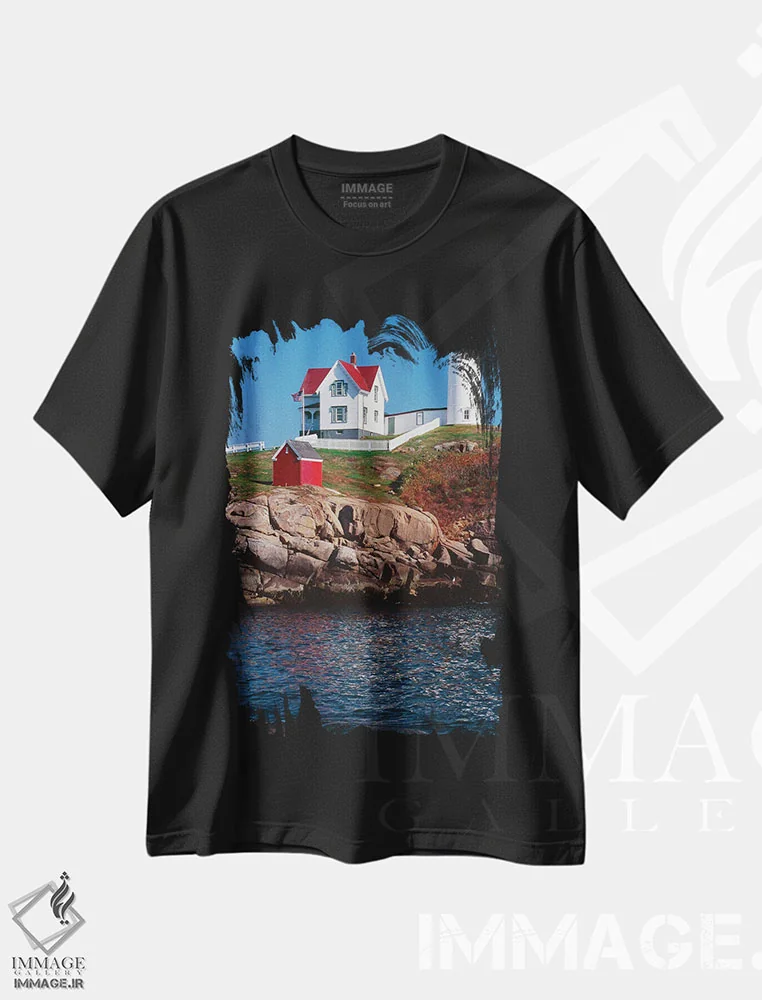 تیشرت مشکی طرح دار نمای عمودی فانوس دریایی کیپ ندیک، یورک، مین، مدیوم اثر جورج اوزه | immage.ir